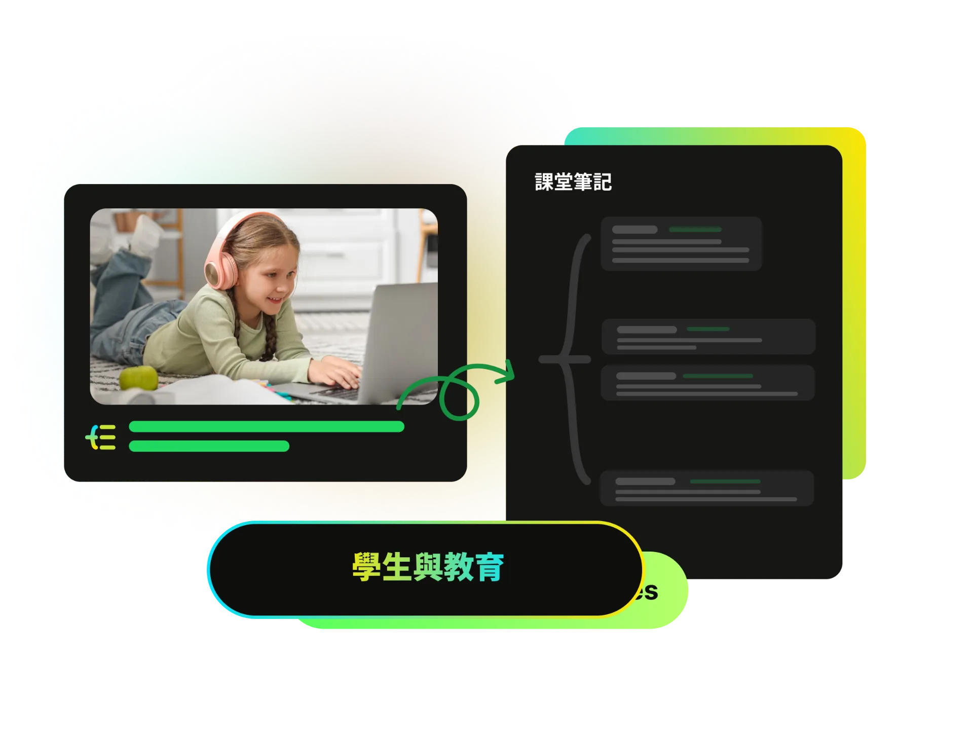 教育影片配文字稿，顯示學習筆記和關鍵要點